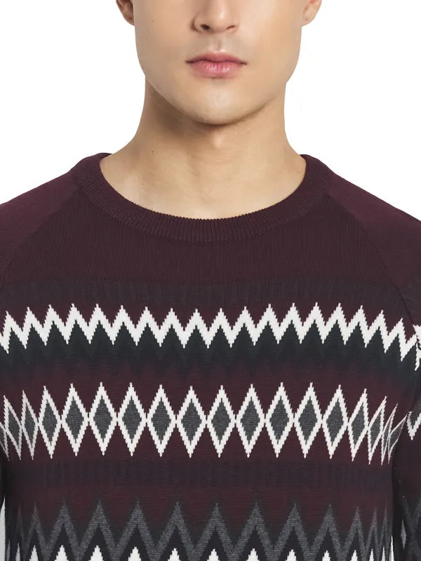 Mettle Men Maroon  White Cotton Pullover