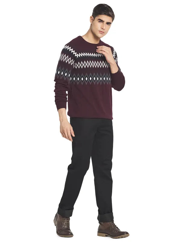 Mettle Men Maroon  White Cotton Pullover