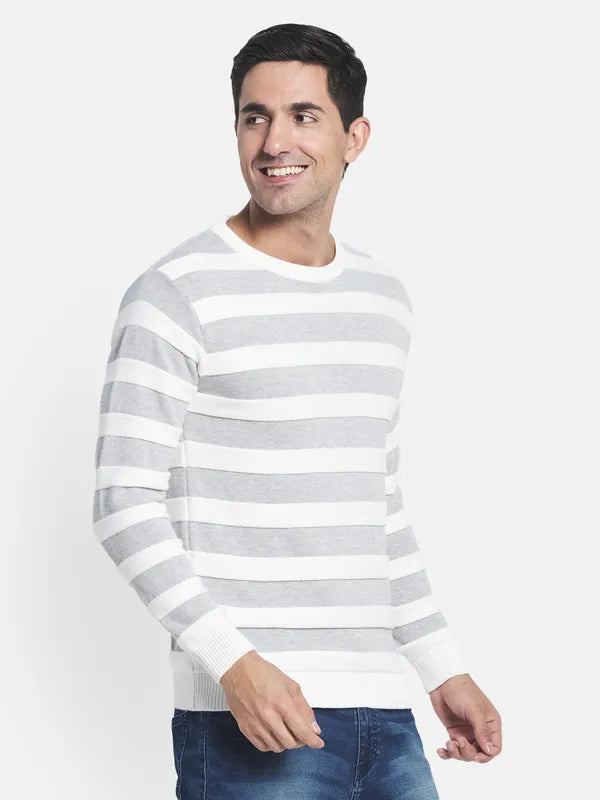 Men Grey White Striped Pullover