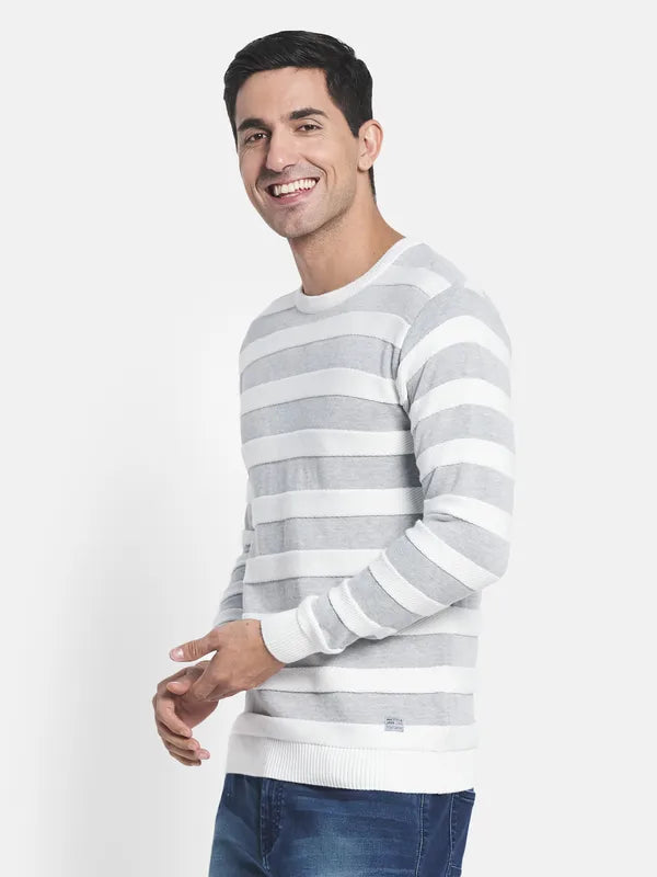 Men Grey White Striped Pullover