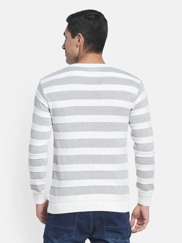 Men Grey White Striped Pullover
