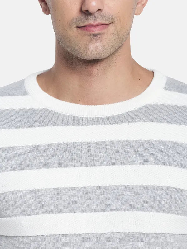 Men Grey White Striped Pullover