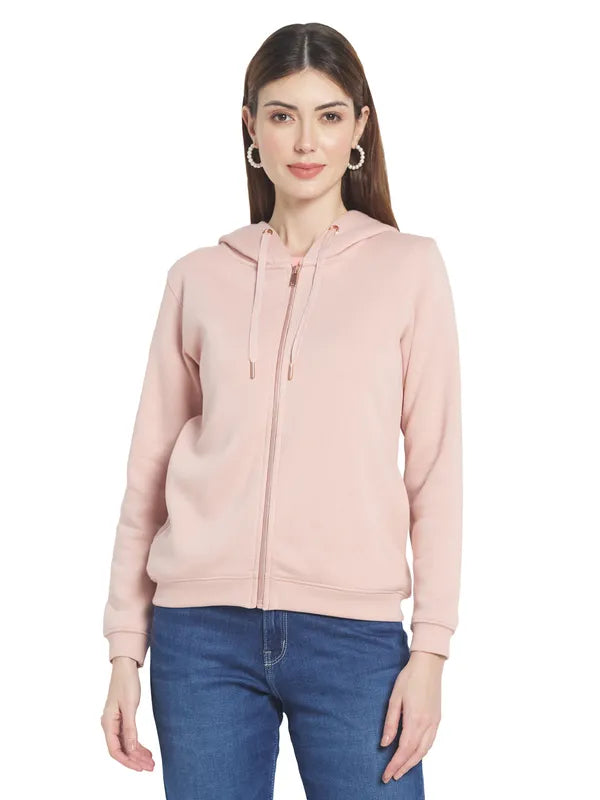 Mettle Women Pink Solid Hooded Sweatshirt