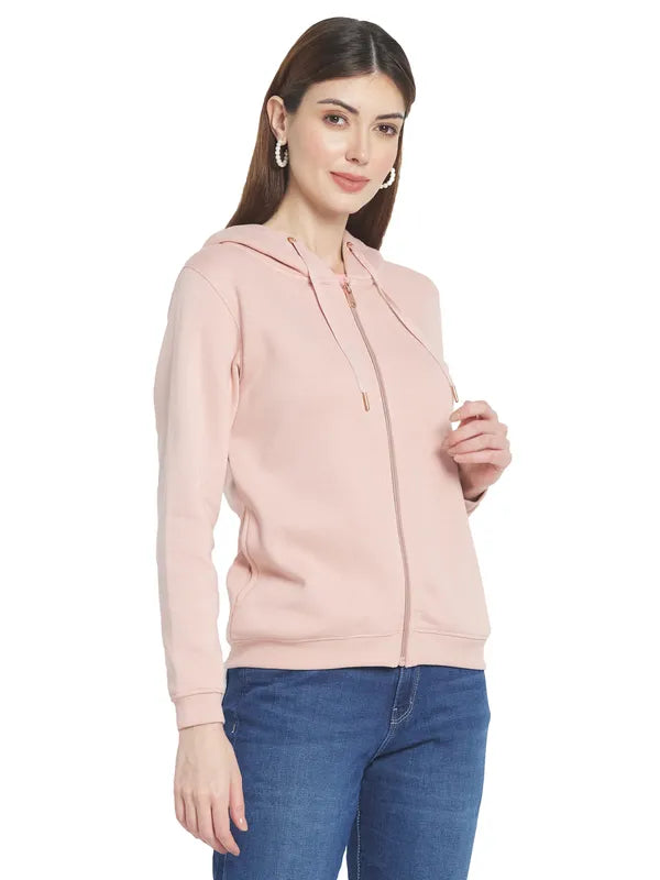 Mettle Women Pink Solid Hooded Sweatshirt