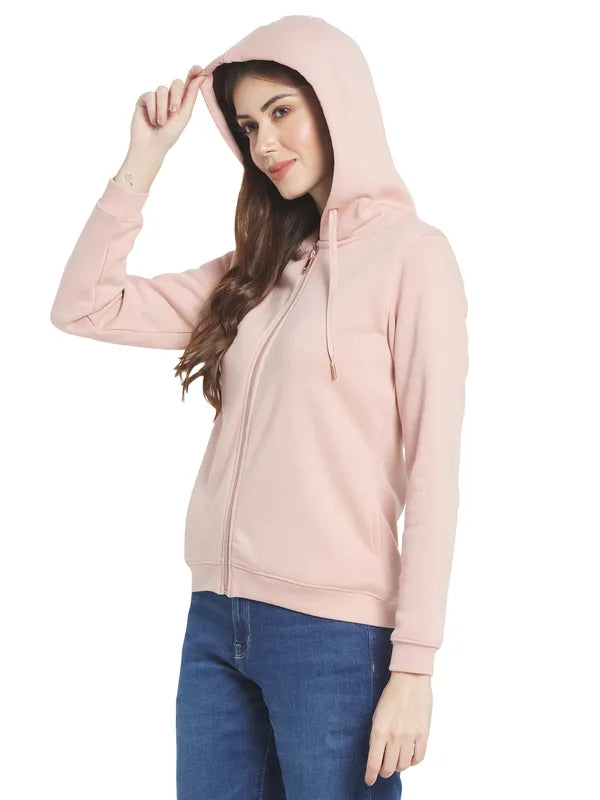 Mettle Women Pink Solid Hooded Sweatshirt
