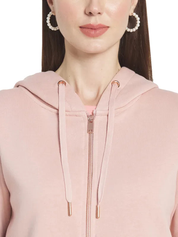 Mettle Women Pink Solid Hooded Sweatshirt