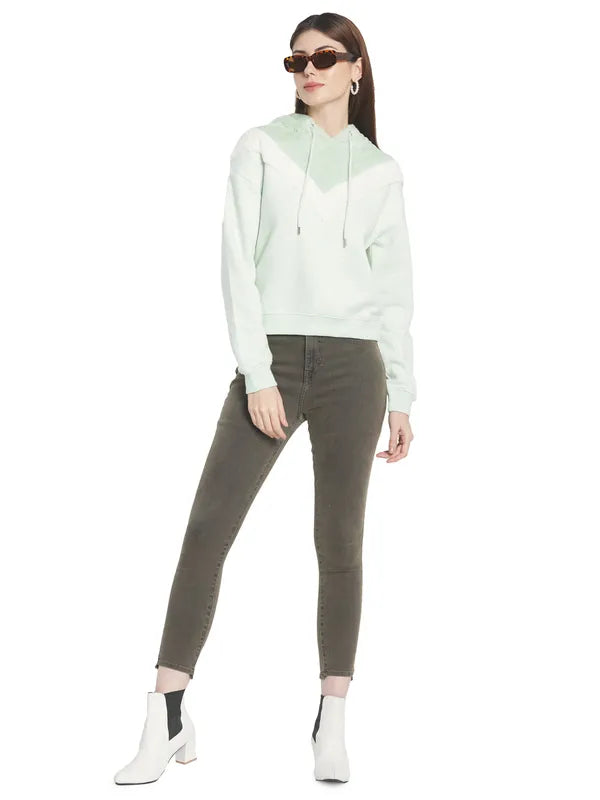 Mettle Women Green Solid Hooded Sweatshirt