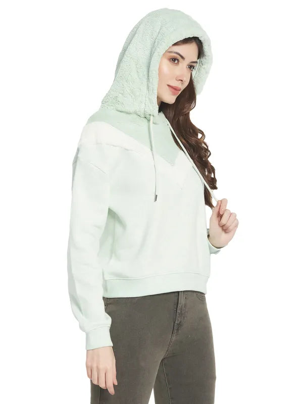 Mettle Women Green Solid Hooded Sweatshirt