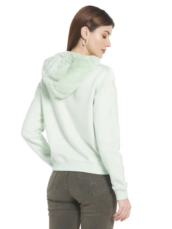 Mettle Women Green Solid Hooded Sweatshirt