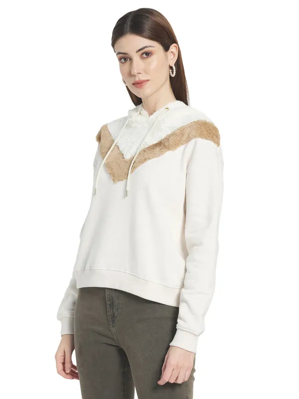 Mettle Women Cream-Coloured Hooded Sweatshirt
