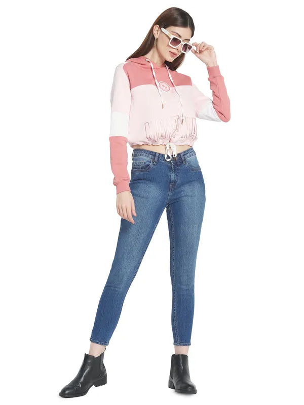 Mettle Women Pink Colourblocked Hooded Sweatshirt