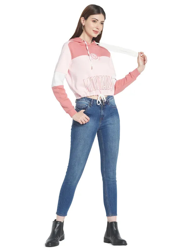 Mettle Women Pink Colourblocked Hooded Sweatshirt