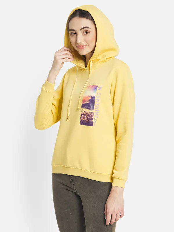 Mettle Women Yellow Printed Hooded Sweatshirt