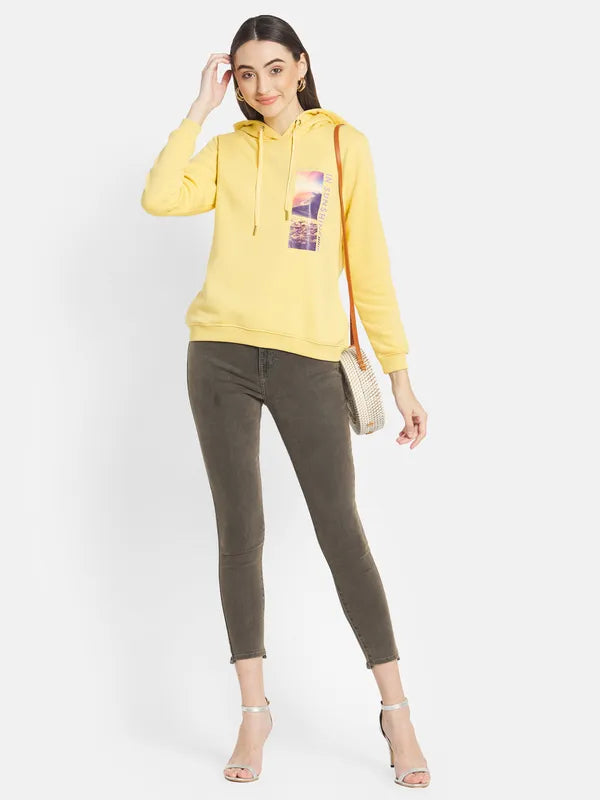 Mettle Women Yellow Printed Hooded Sweatshirt