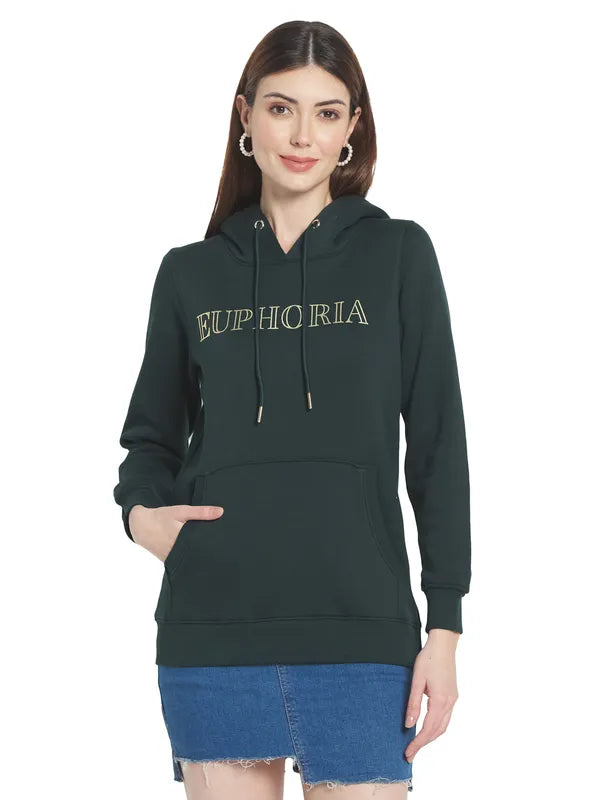 Mettle Women Green Printed Hooded Sweatshirt