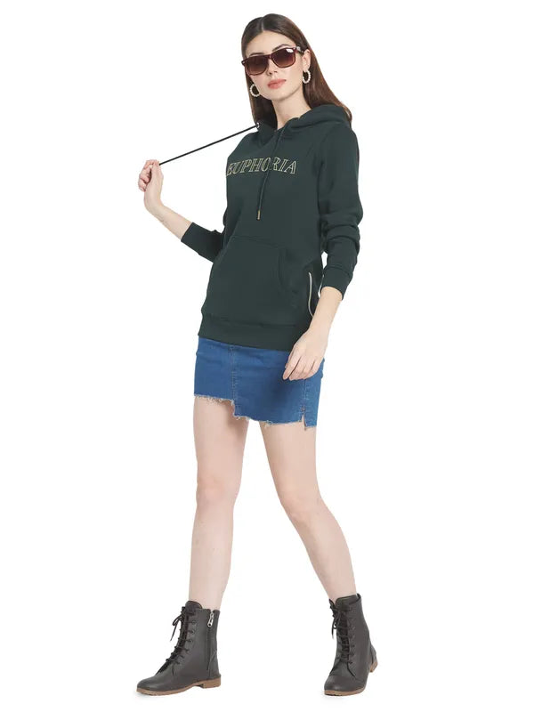 Mettle Women Green Printed Hooded Sweatshirt