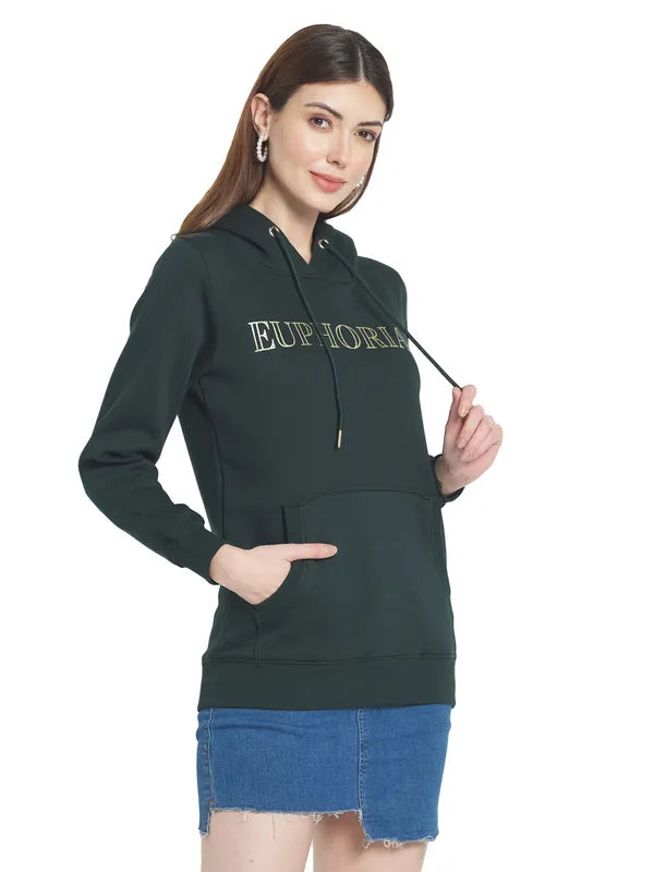 Mettle Women Green Printed Hooded Sweatshirt