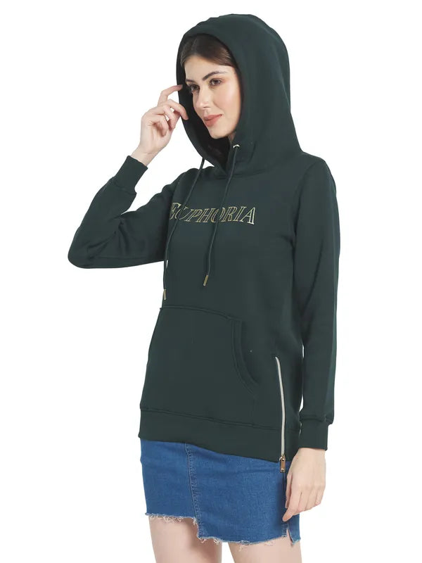 Mettle Women Green Printed Hooded Sweatshirt
