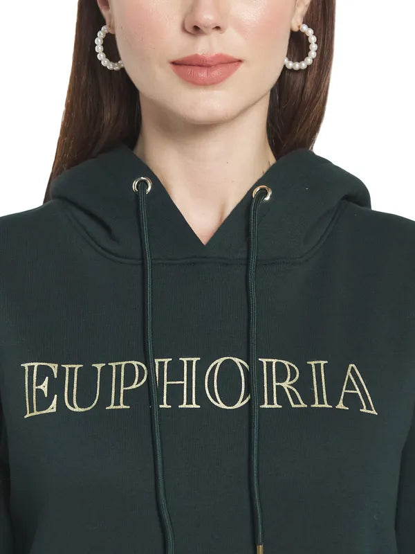 Mettle Women Green Printed Hooded Sweatshirt