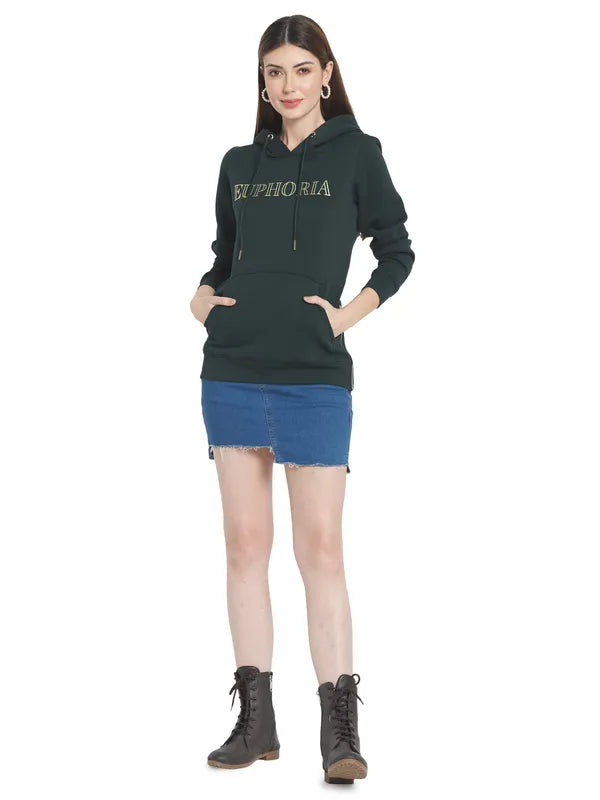 Mettle Women Green Printed Hooded Sweatshirt
