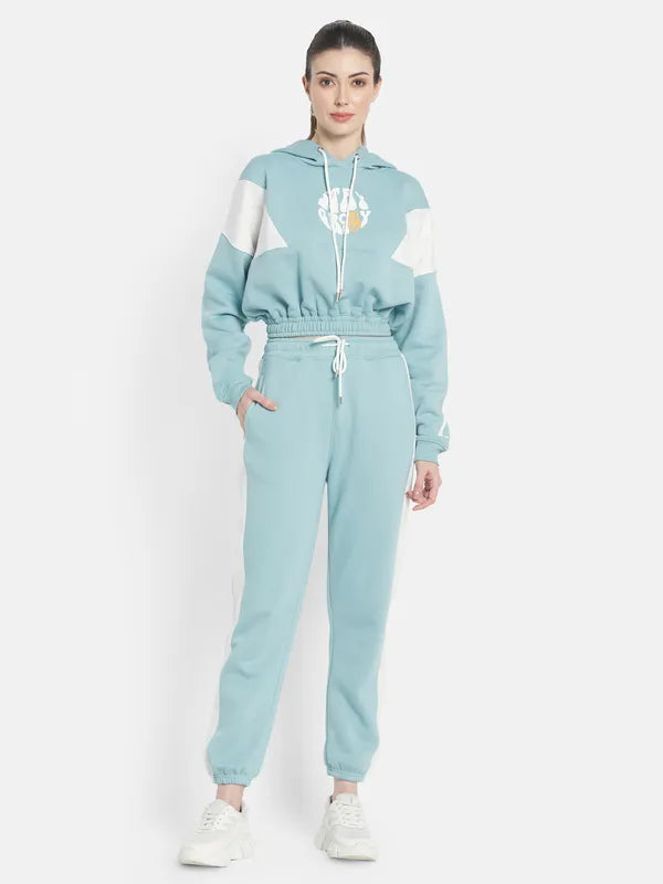 Mettle Women Plus Size Blue White Printed Tracksuits