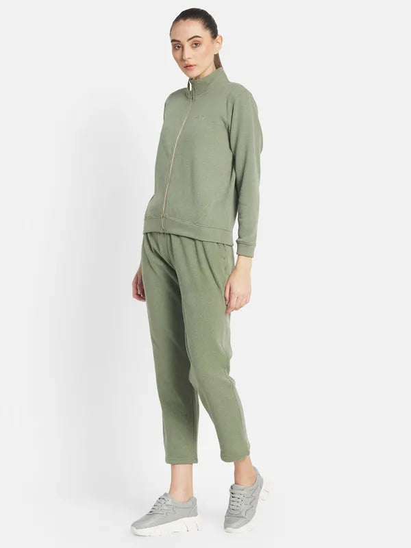 Mettle Women Olive-Green Solid Tracksuits