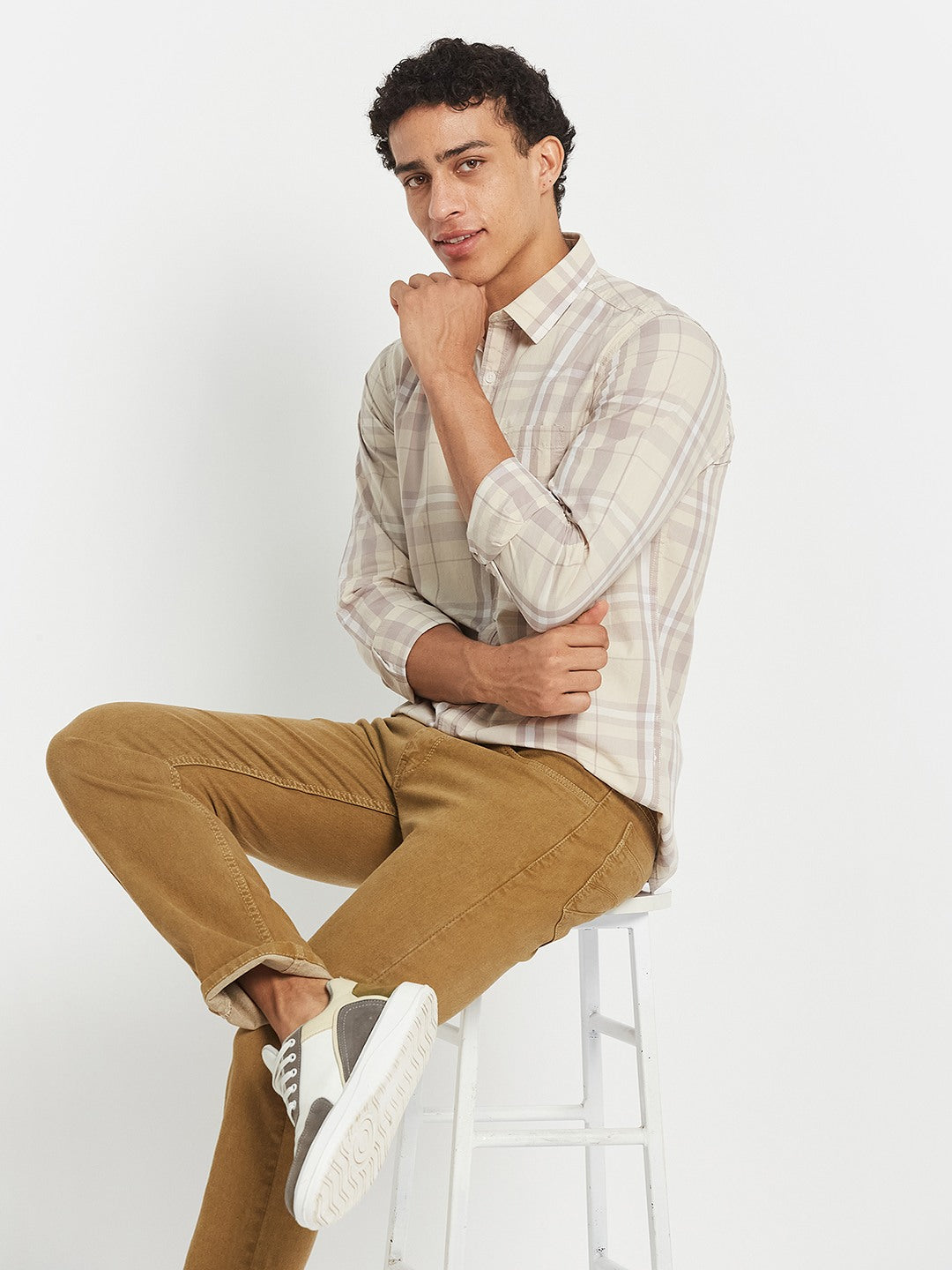 METTLE Men Checked Spread Collar Cotton Casual Shirt