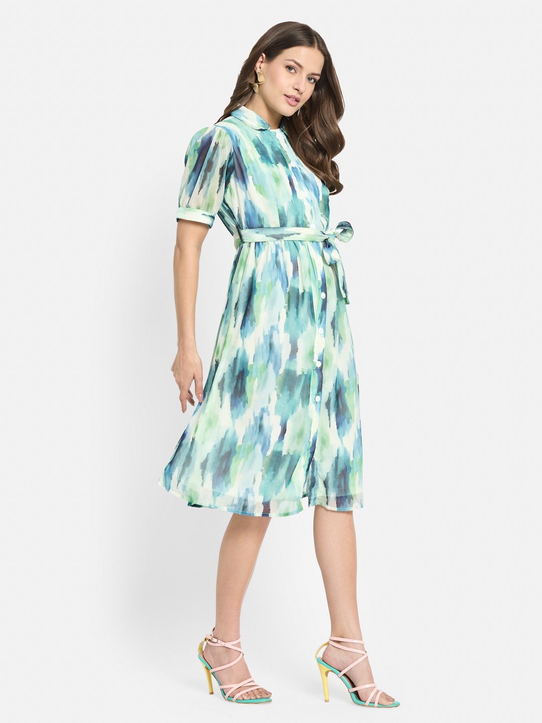 METTLE Women Print Shirt Collar Puff Sleeves Fit & Flare Dress