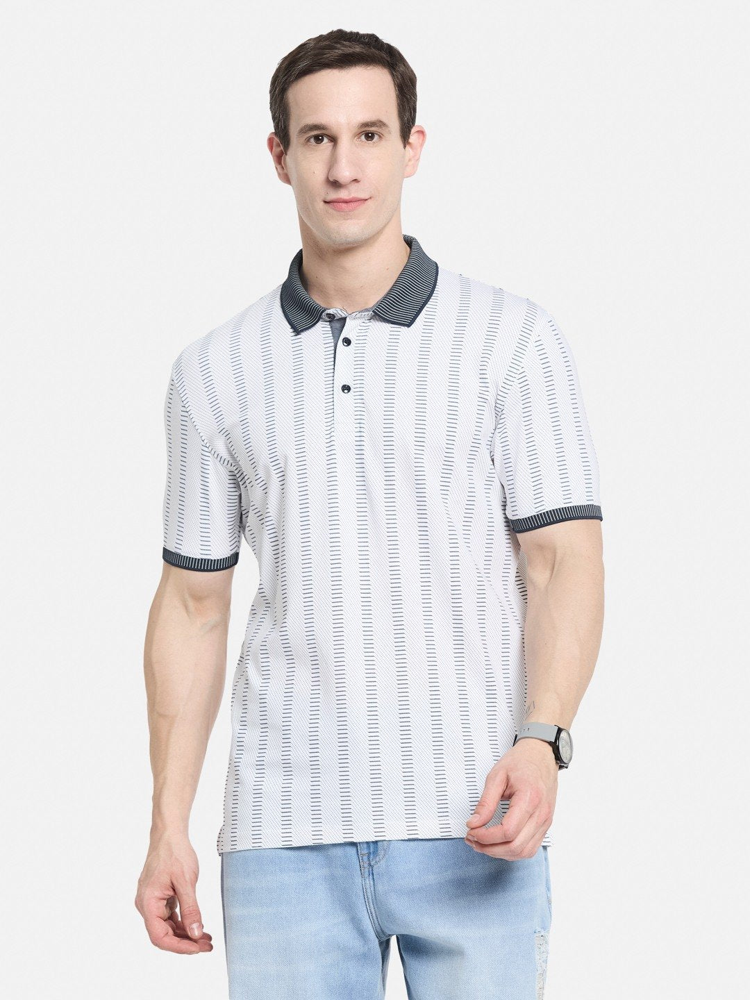 AOP MOTIF PRINT POLO NECK SINGLE JERSEY KNIT T-SHIRT