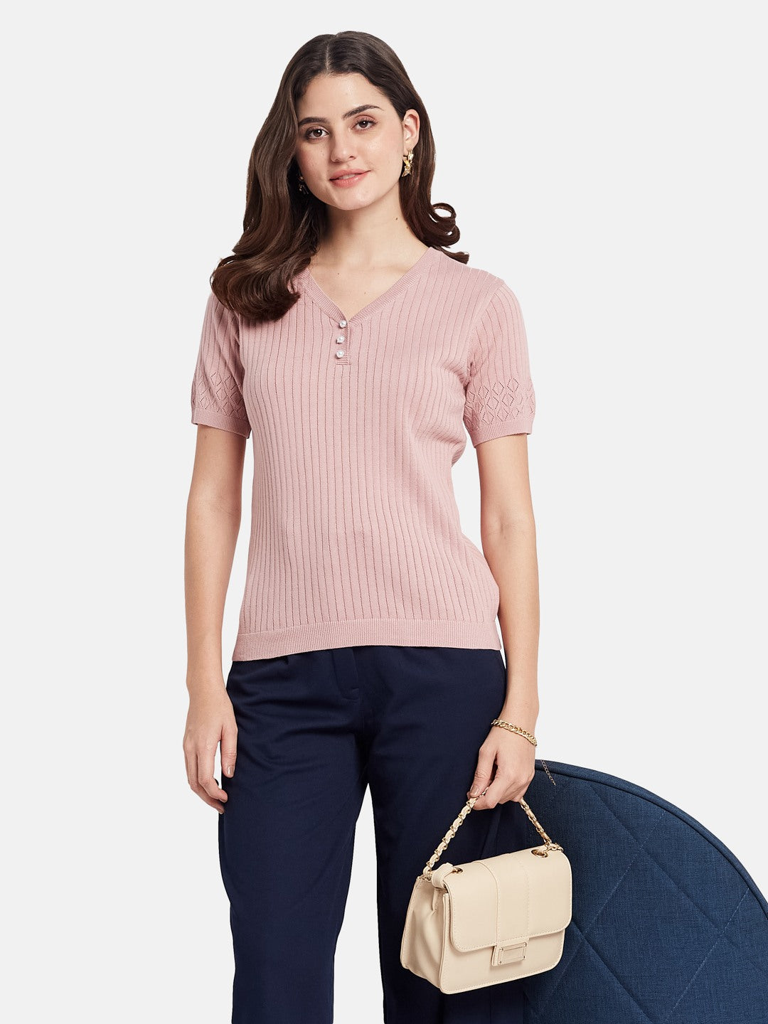 METTLE Self Design Printed V-Neck Cotton T-shirt