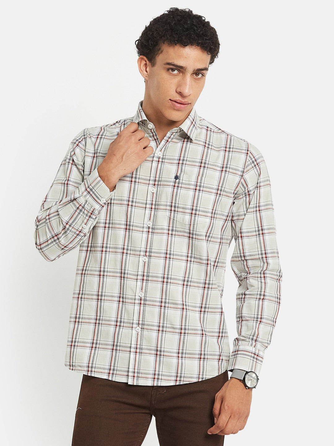 METTLE SS25 Checked Cotton Spread Collar Casual Shirt