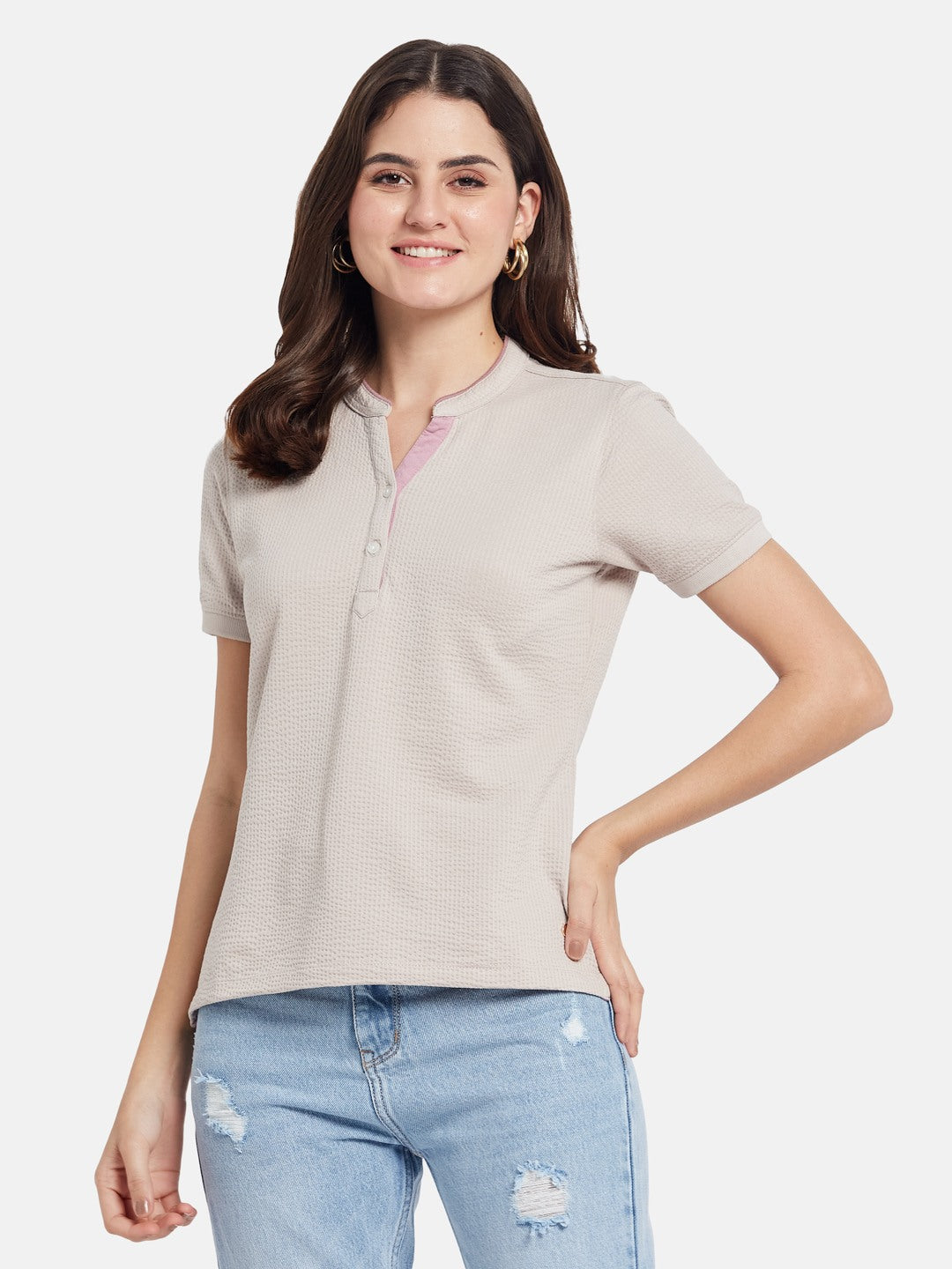 METTLE Self Design Mandarin Collar Cotton T-shirt