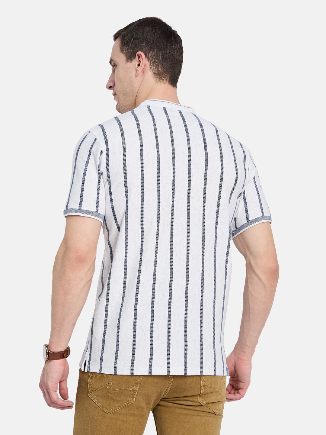 Octave Men Striped Mandarin Collar T-shirt