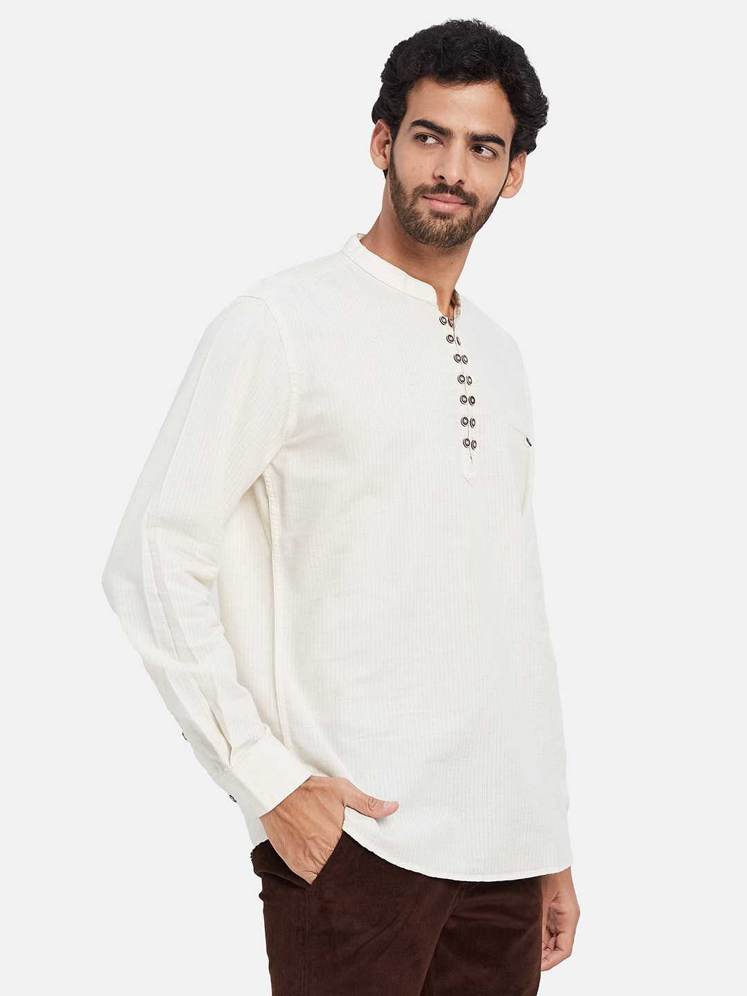 Mettle Vertical Striped Mandarin Collar Cotton Casual Shirt