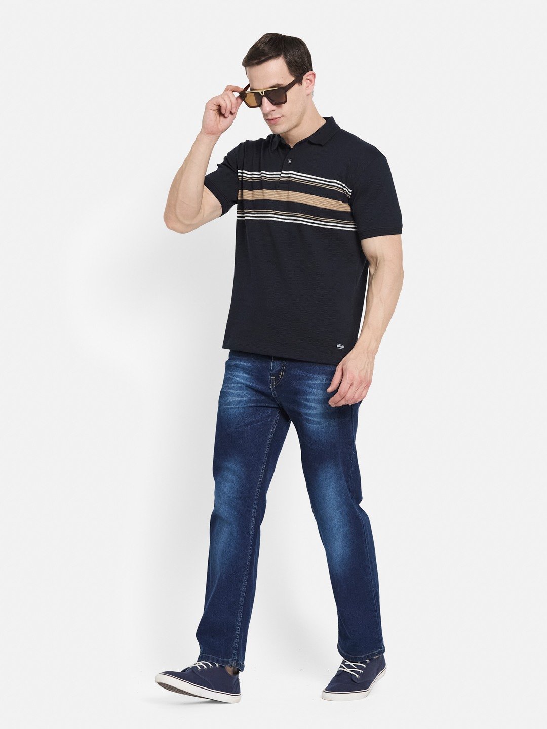HORIZONTAL STRIPE POLO NECK POPCORN KNIT T-SHIRT