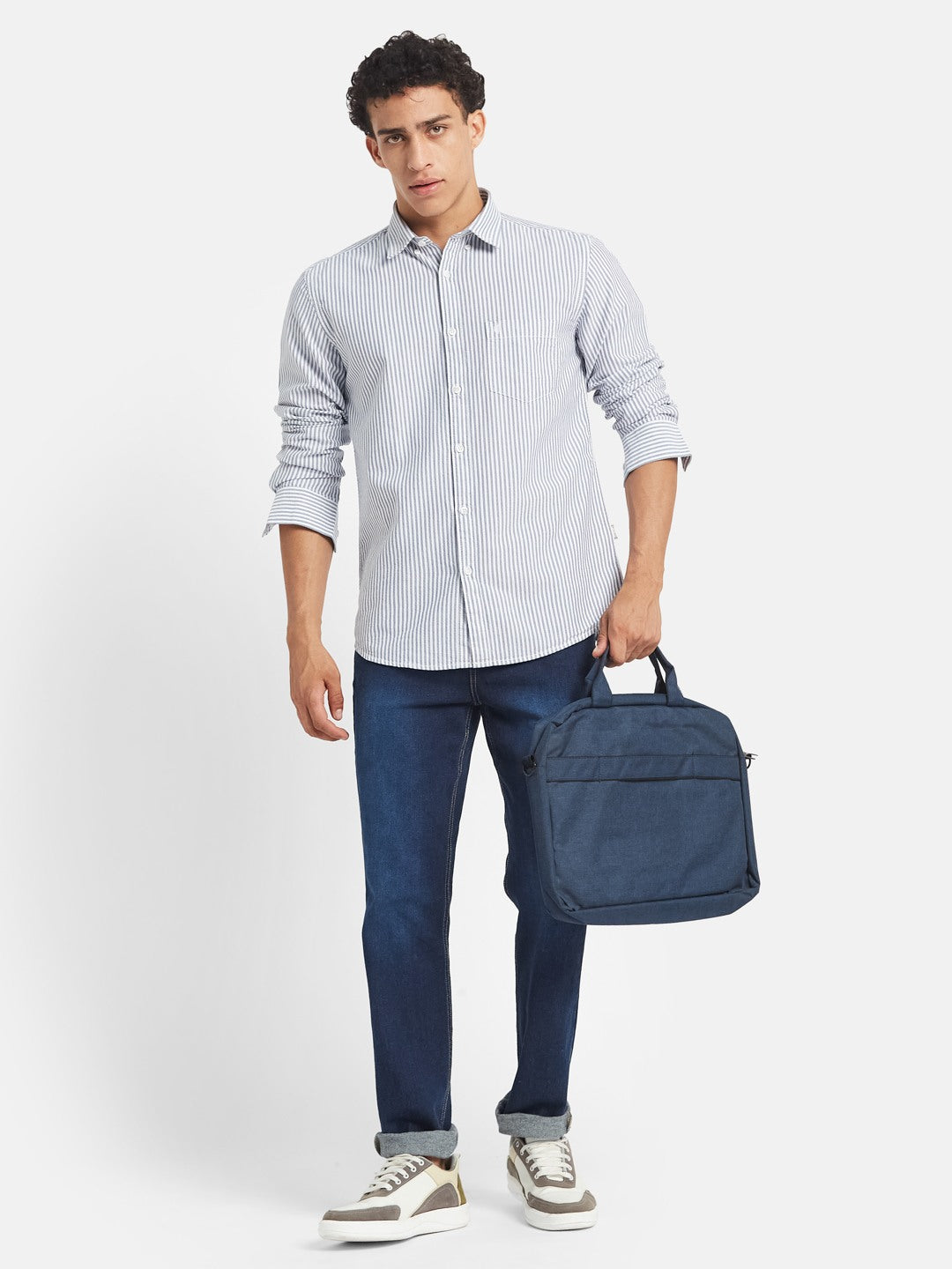 METTLE Men Vertical Striped Button-Down Collar Cotton Casual Shirt