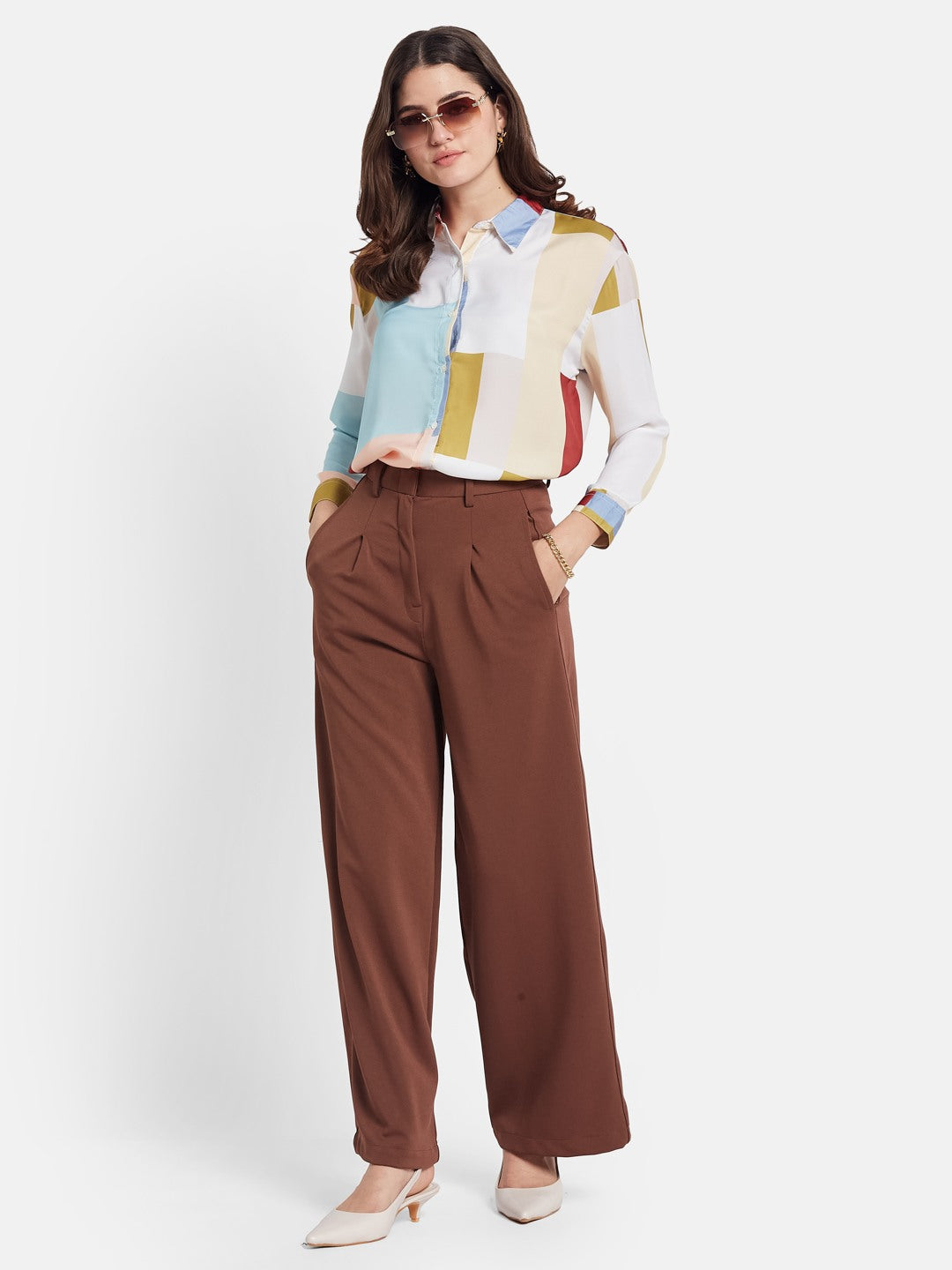 METTLE Women Colourblocked Cotton Shirt Style Top