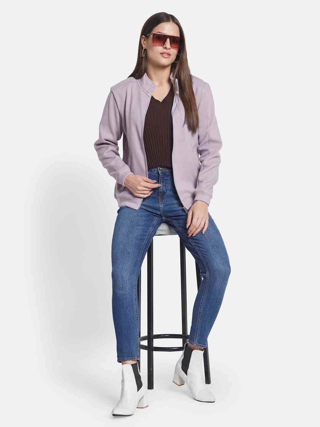 METTLE Women High Neck Long Sleeves Front-Open Sweatshirt