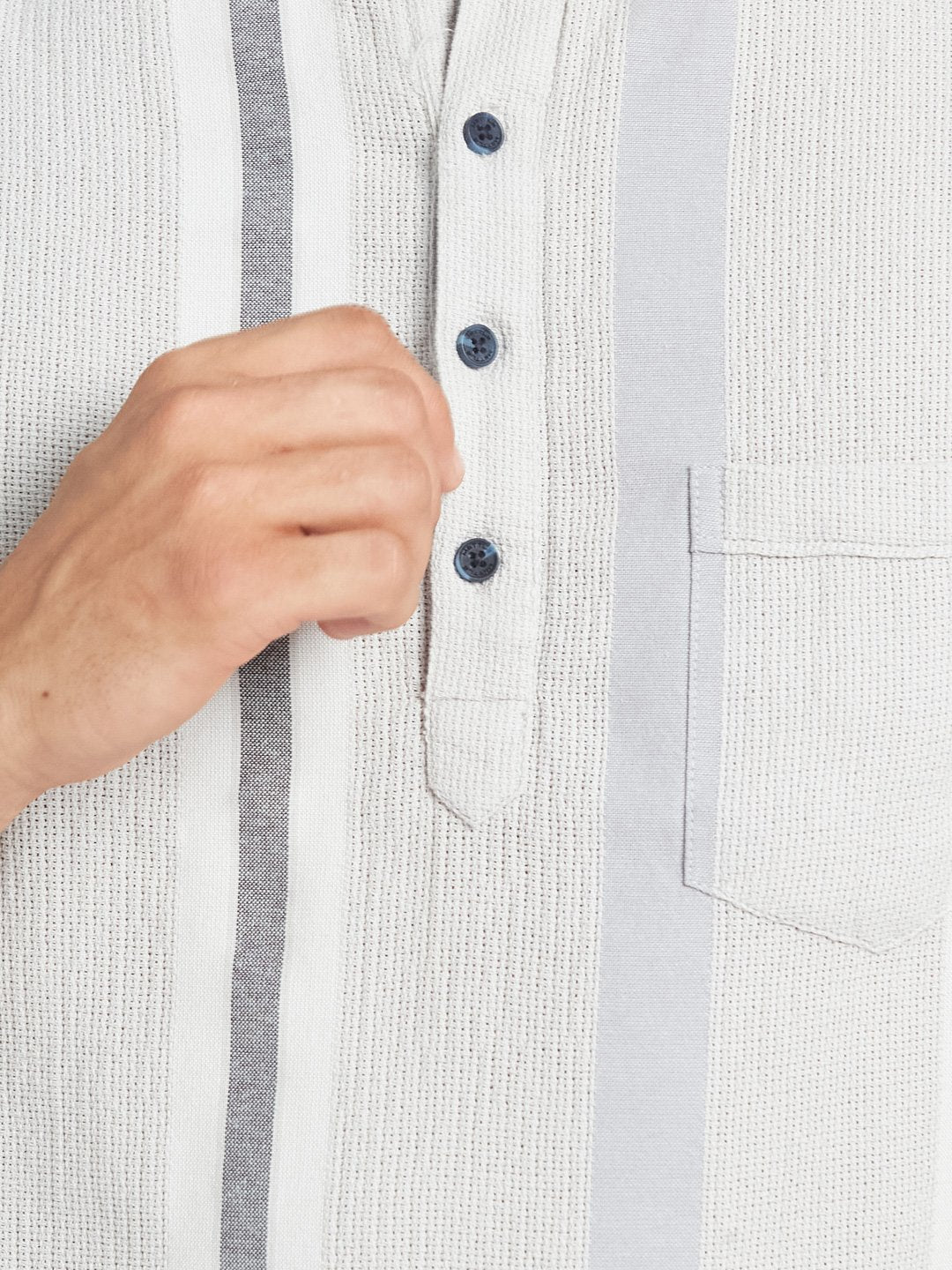 METTLE Men Striped Mandarin Collar Cotton T-shirt