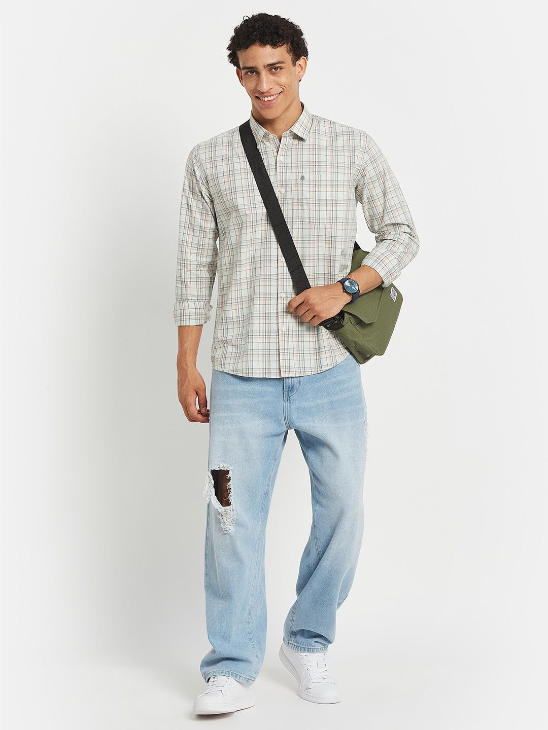 METTLE Men Tartan Checked Spread Collar Cotton Casual Shirt