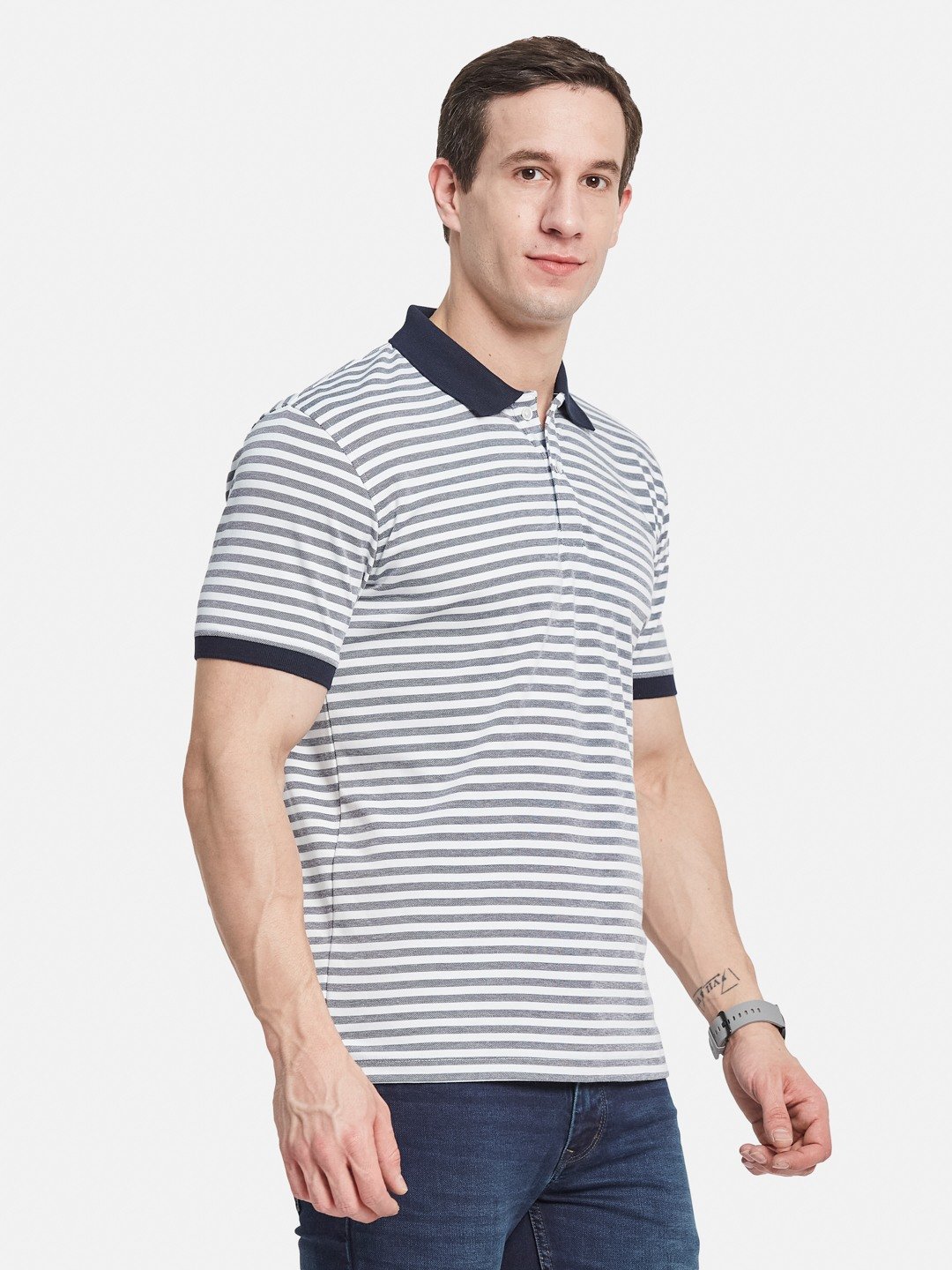 Octave Men Striped Polo Collar Monochrome T-shirt