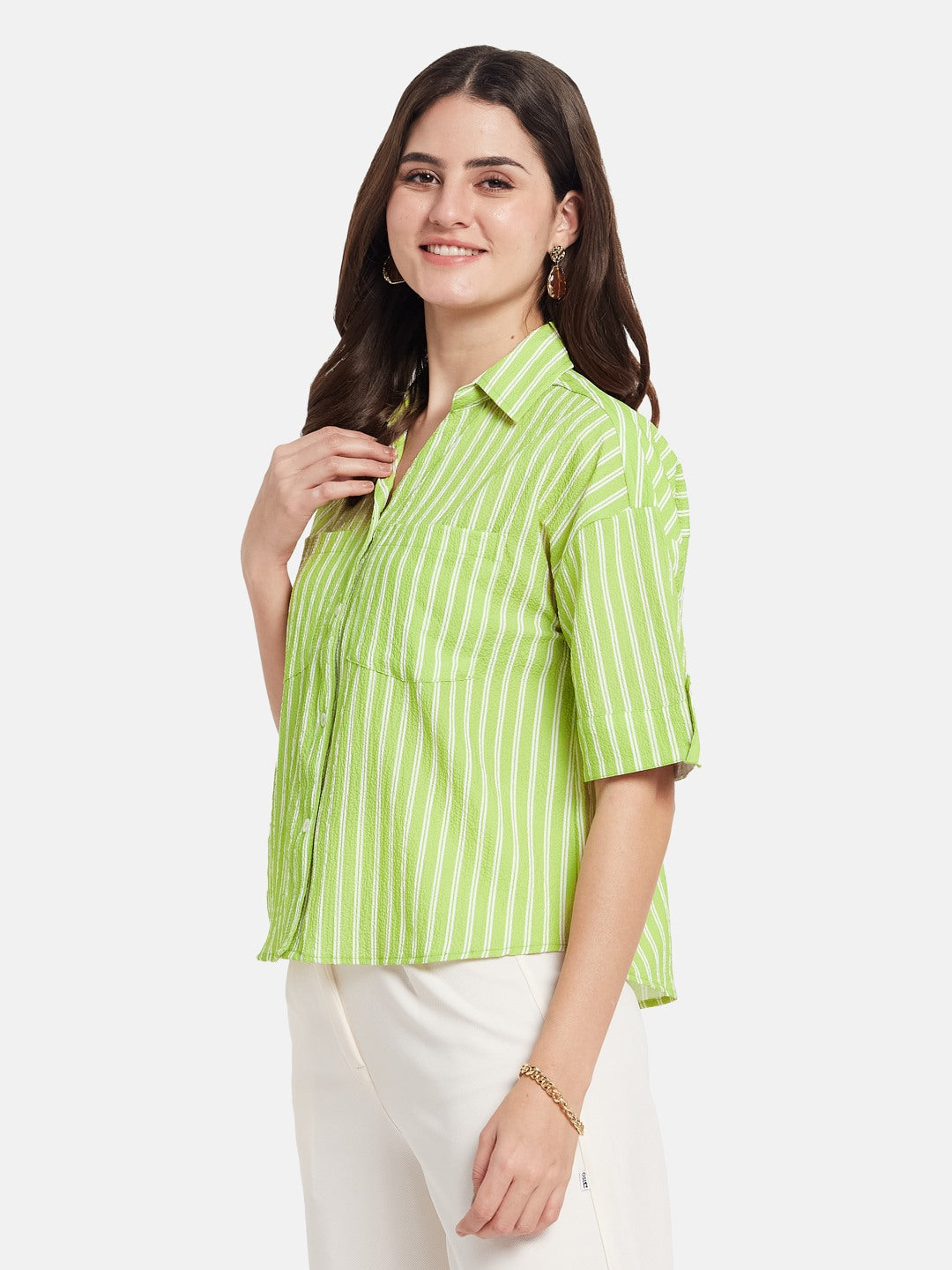 METTLE Striped Short Sleeves Spread Collar Cotton Opaque Regular Fit Casual Shirt