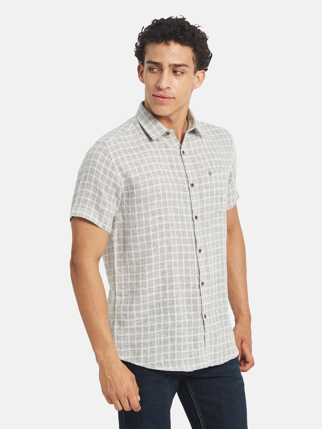 METTLE Men Textured Spread Collar Cotton Casual Shirt