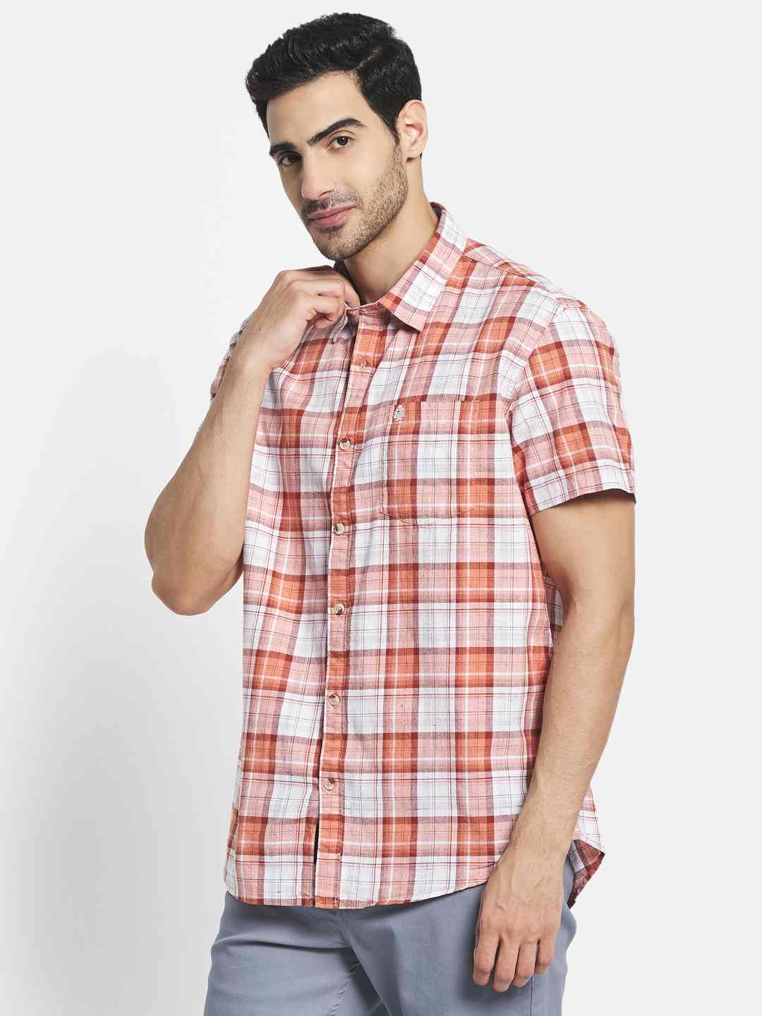 Men Orange Tartan Checks Checked Casual Shirt