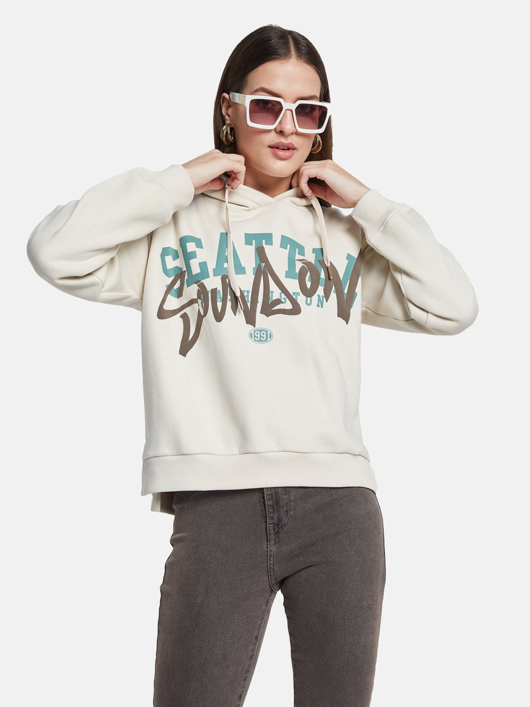 METTLE Women Printed Hooded Sweatshirt