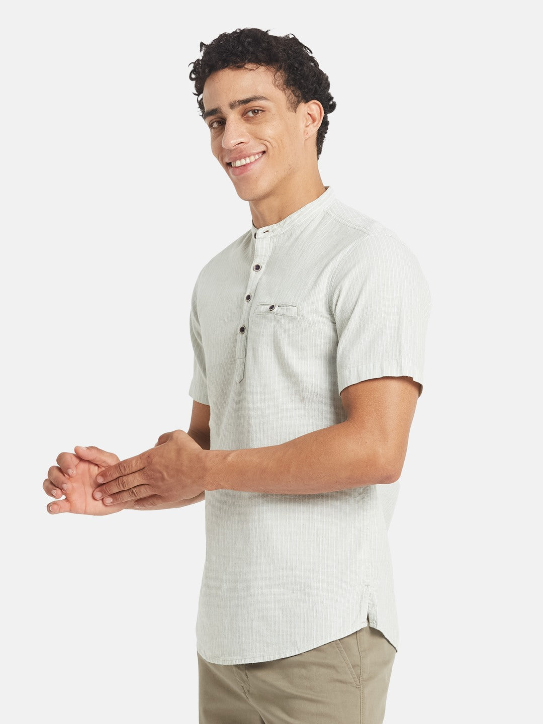 METTLE SS25 Vertical Striped Mandarin Collar Cotton Casual Shirt