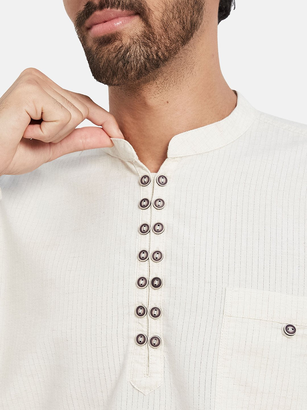 Mettle Vertical Striped Mandarin Collar Cotton Casual Shirt