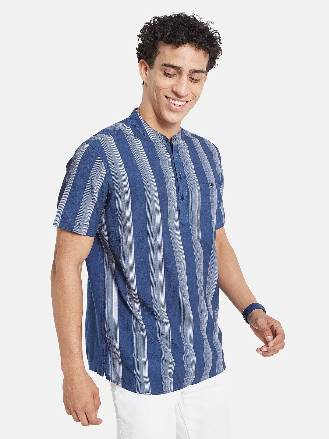 METTLE Men Striped Mandarin Collar Cotton T-shirt