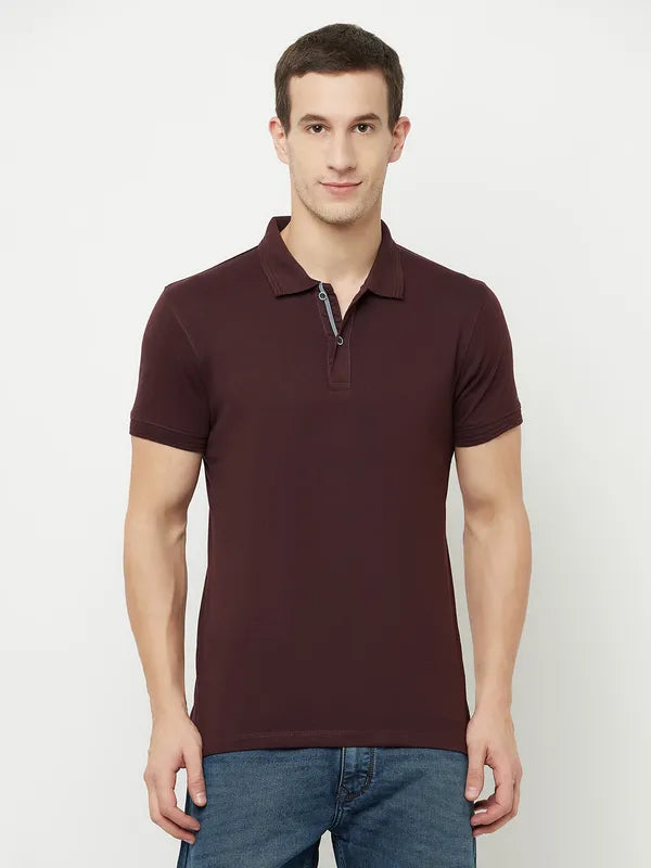 Octave Men Maroon  Temptress Polo Collar Applique T-Shirt