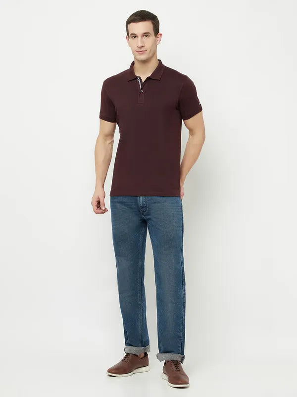 Octave Men Maroon  Temptress Polo Collar Applique T-Shirt